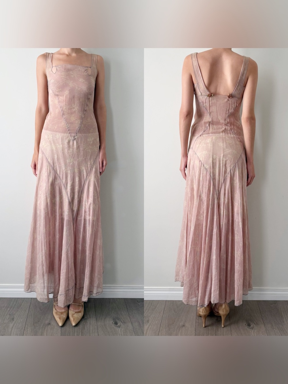 1930s floral dusty pink 100% silk crepe bias cut slip dress